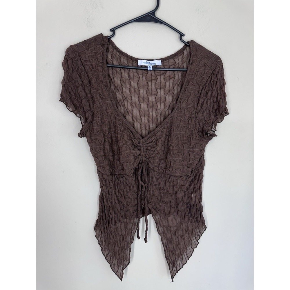 Vintage 90s XL Brown Ruffle Tie Front Sheer Pleated Crinkle Butterfly Blouse Y2K